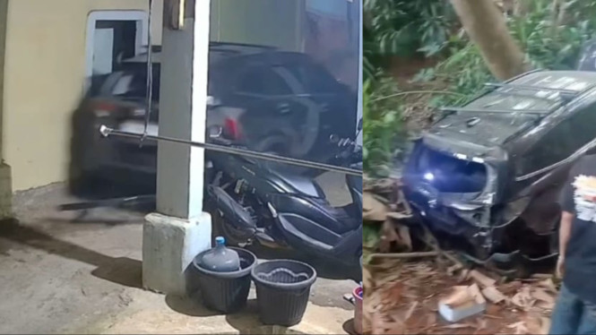 Warga Jonggol dihebohkan mobil yang terparkir di garasi tiba-tiba mundur sendiri hingga masuk kebun.