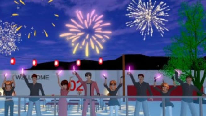 ilustrasi pesta malam hari di Sakura School Simulator