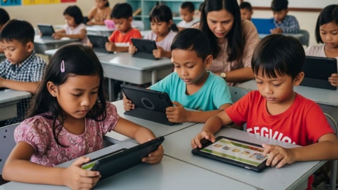Anak SD sedang menggunakan tablet