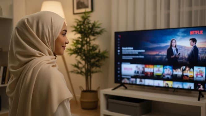 Ilustrasi wanita menonton netflix di smart TV