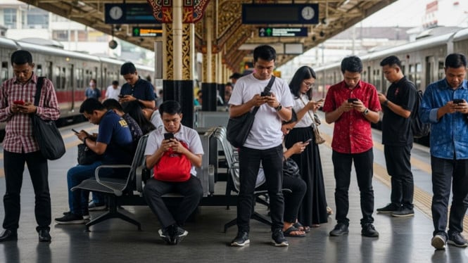 Ilustrasi pengguna KRL menunggu kereta sambil main HP