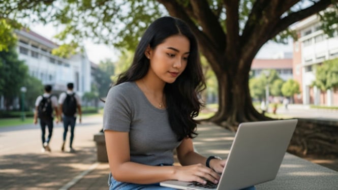 Ilustrasi mahasiswi sedang membuka laptop di kampus