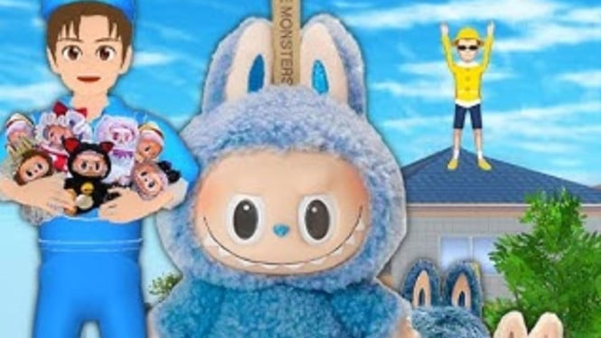 Boneka Labubu Biru Muda di Sakura School Simulator