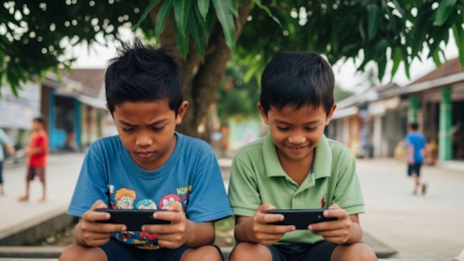 Ilustrasi bermain anak bermain game online