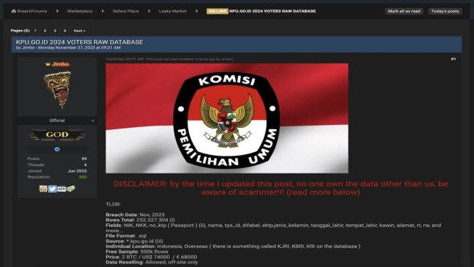 Dugaan Kebocoran Data Pemilih 2024 di KPU, Data Warga Indonesia Dijual Hacker