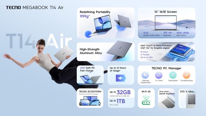 999 Gram! Tecno Megabook T14 Air, Laptop Ultra-Ringan Bertenaga AI