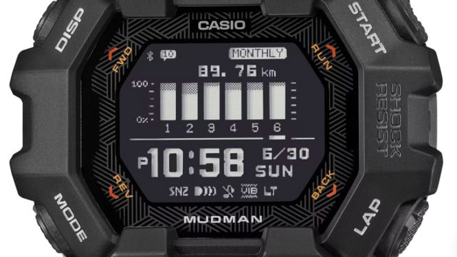 Image 21: Casio G-Shock Mudman GDG-B100 watch with red and white digital display against a rugged mountain landscape.