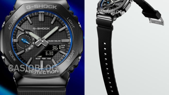 Casio G-Shock GBM-2100LXB-1A2 hadir dengan dial bertekstur geometris kotak dan aksen biru pada cincin penanda display.