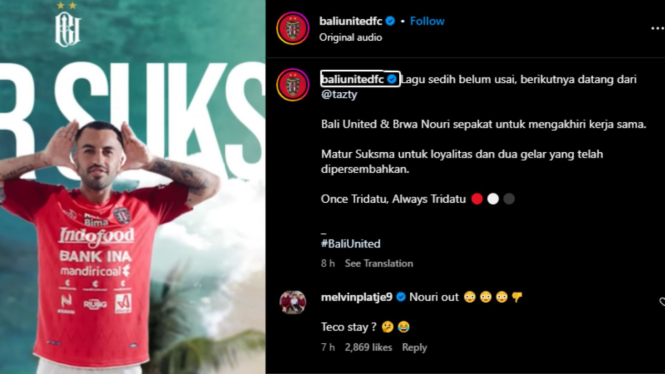 Tangkapan layar unggahan perpisahan Brwa Nouri dengan Bali United