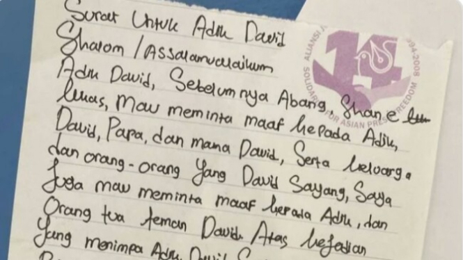 Surat Permohonan Maaf Shane Lukas pada Davis Ozora