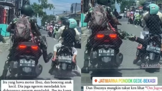Pria berseragam TNI tendang ibu pengendara motor