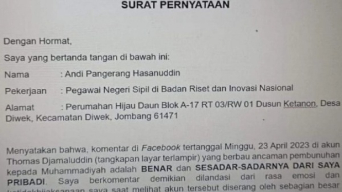 Surat pernyataan Andi Pangerang Hasanuddin