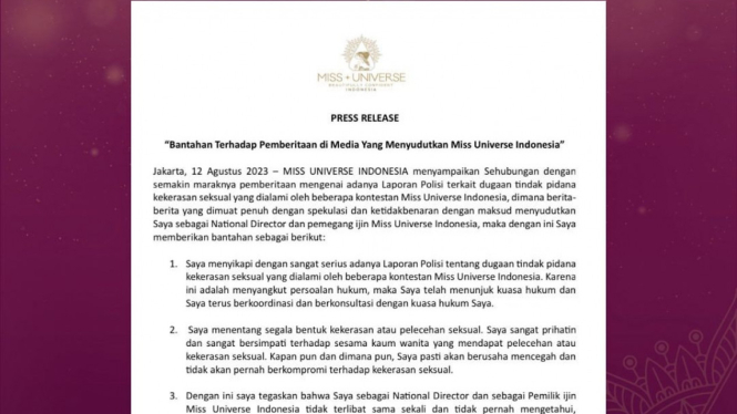 Pernyataan Miss Universe Indonesia
