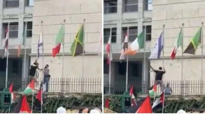 Aksi Massa Robek dan Turunkan Bendera Israel di Markas PBB (Roma)