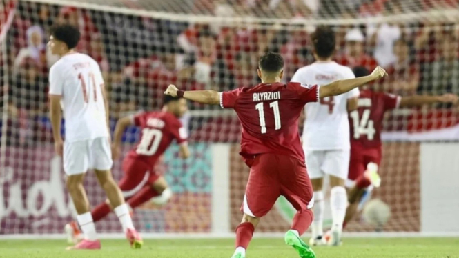 Timnas Qatar U-23 rayakan gol lawan Timnas Indonesia U-23