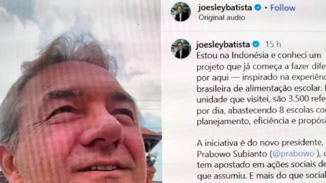 Tangkapan layar postingan IG Joesley Batista.