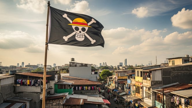 Ilustrasi bendera one piece berkibar di Permukiman Warga