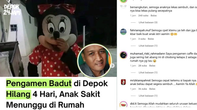 Pengamen Badut di Depok Hilang Sudah 4 Hari