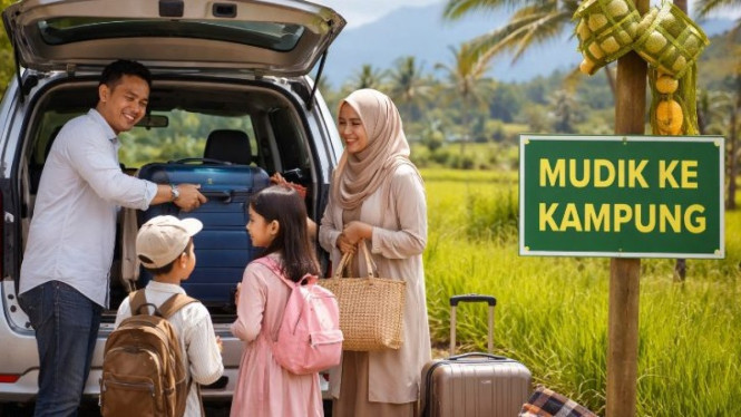 Ilustrasi tradisi Mudik ke kampung halaman.