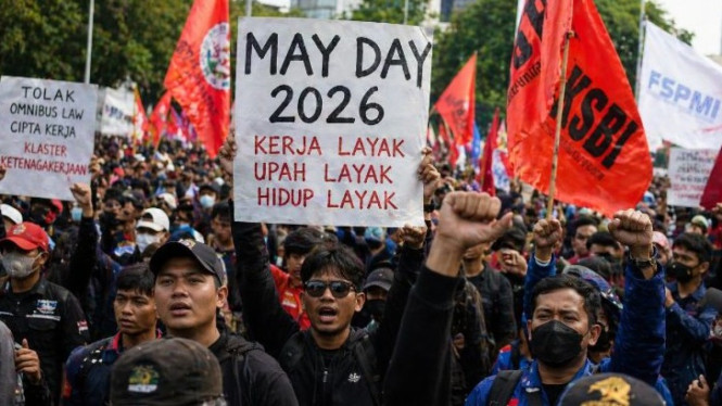 Ilustrasi aksi peringatan Hari Buruh Internasional atau  May Day 2026.