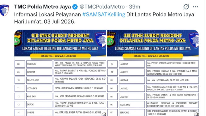 Samsat Keliling Ditlantas Polda Metro Jaya, Jumat 3 Juli 2026