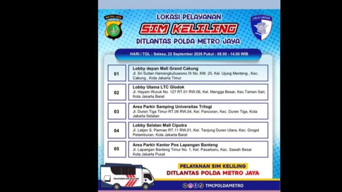 Lokasi SIM Keliling Selasa 22 September 2026