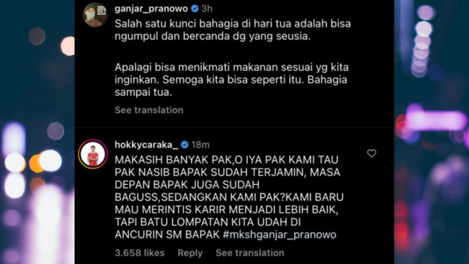 Hokky Caraka berkomentar di Instagram Ganjar Pranowo