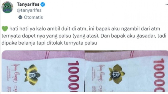 Netizen temukan uang palsu di ATM