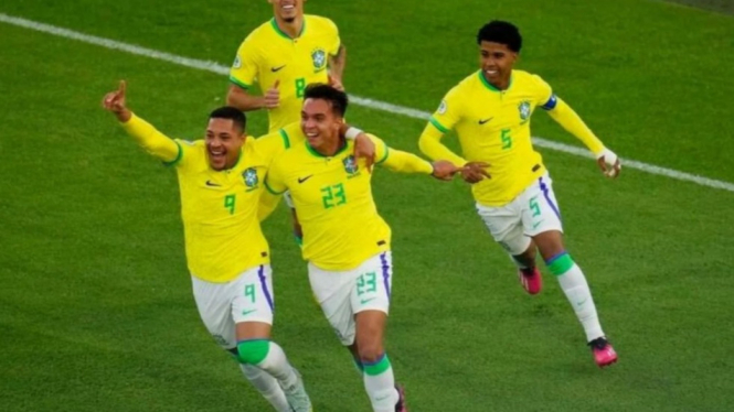 Pemain Timnas Brasil U-20 rayakan gol