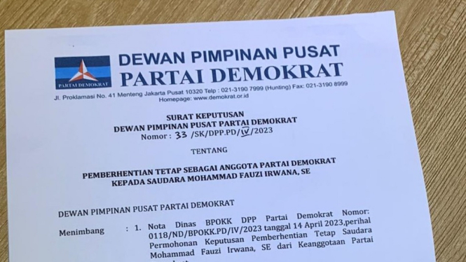 Surat pemecatan Mohammad Fauzi Irwana oleh DPP Demokrat