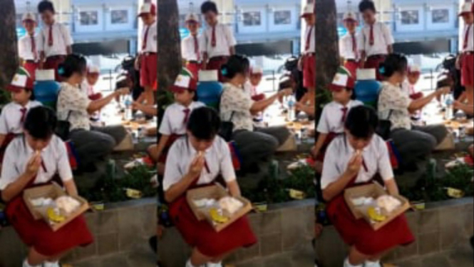 Penampakan anak-anak SD hendak makan nasi kotak KTT ASEAN