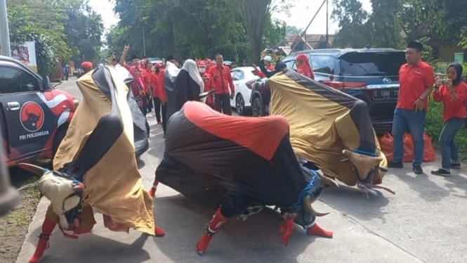 Pendaftaran Caleg PDI-P di KPU Mojokerto Dikawal Banteng
