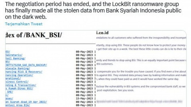 LockBit publikasikan semua data yang dicuri dari BSI di dark web.