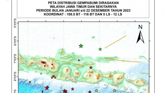 Peta distribusi gempa bumi di Jawa Timur sepanjang tahun 2023.