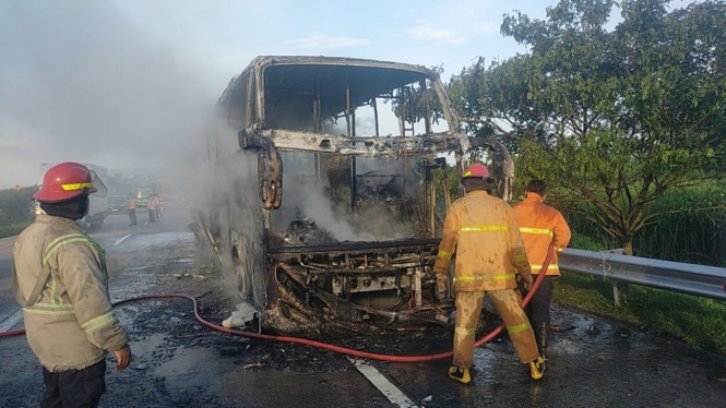 Bus Pahala Kencana Ludes Terbakar di Tol Jombang - Mojokerto