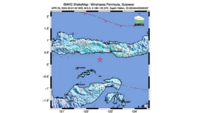 Peta pusat gempa bumi berkekuatan 5,3 magnitudo di Gorontalo