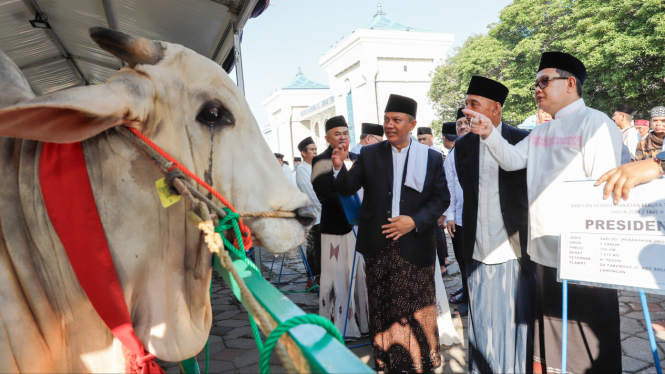 Pj Gubernur Jatim Adhy Karyono menyerahkan sapi kurban.