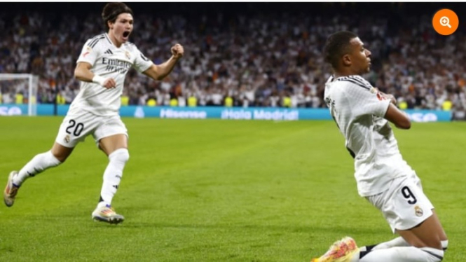 Pemain Real Madrid, Kylian Mbappe rayakan gol