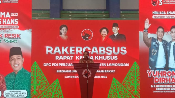 Tri Rismaharini saat menghadiri Rakercabsus PDIP di Lamongan