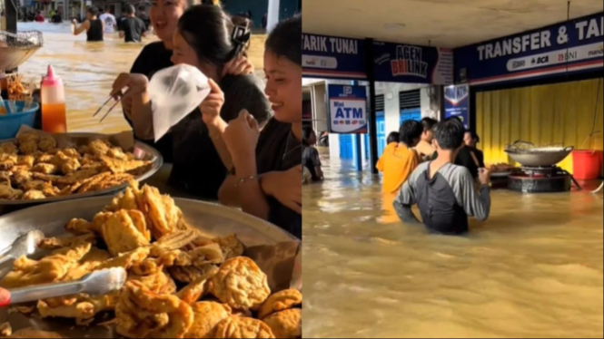 Ratusan Rumah Terendam Akibat Banjir, Pedagang Gorengan Tetap Santai Jualan.