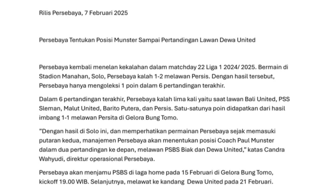 Surat Manajemen Persebaya untuk Paul Munster