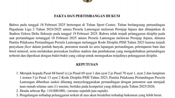 Surat Sanksi Komdis PSSI