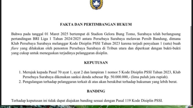 Surat sanksi Komdis PSSI terhadap Persebaya (Instagram Persebaya)