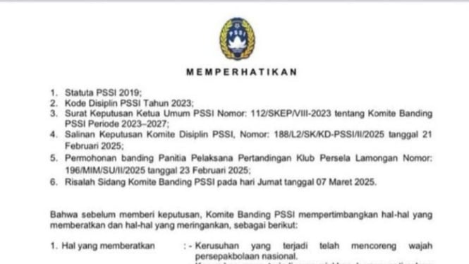 Surat salinan keputusan Komisi Disiplin PSSI