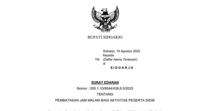 SE pembatasan jam malam pelajar di Kabupaten Sidoarjo.