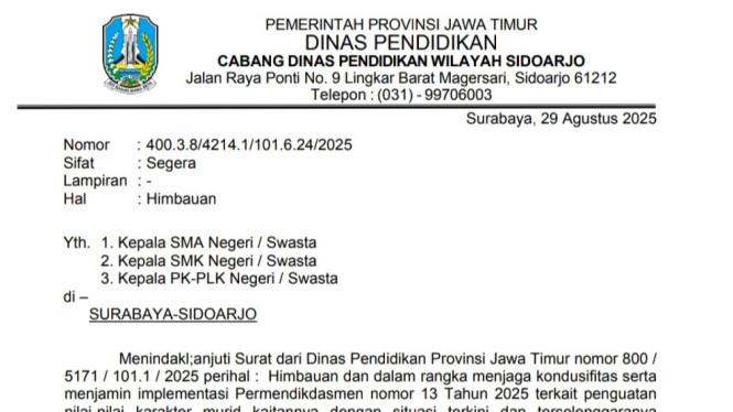 Surat edaran Dindik Jatim