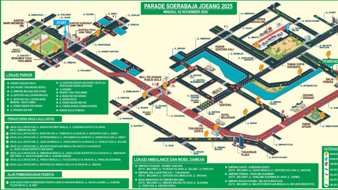 Peta rute Parade Surabaya Juang dan lokasi parkir penonton.