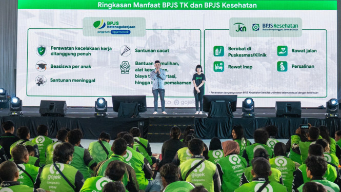 Peluncuran program bantuan iuran BPJS bagi mitra driver Gojek.