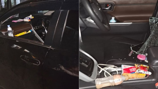 Mobil korban aksi pecah kaca di Kota Kediri.