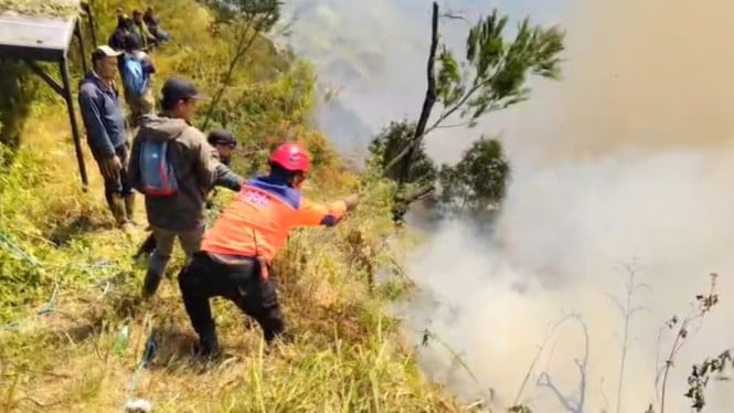 Petugas memadamkan api di salah satu titik kebakaran hutan dan lahan di kawasan Gunung Bromo.